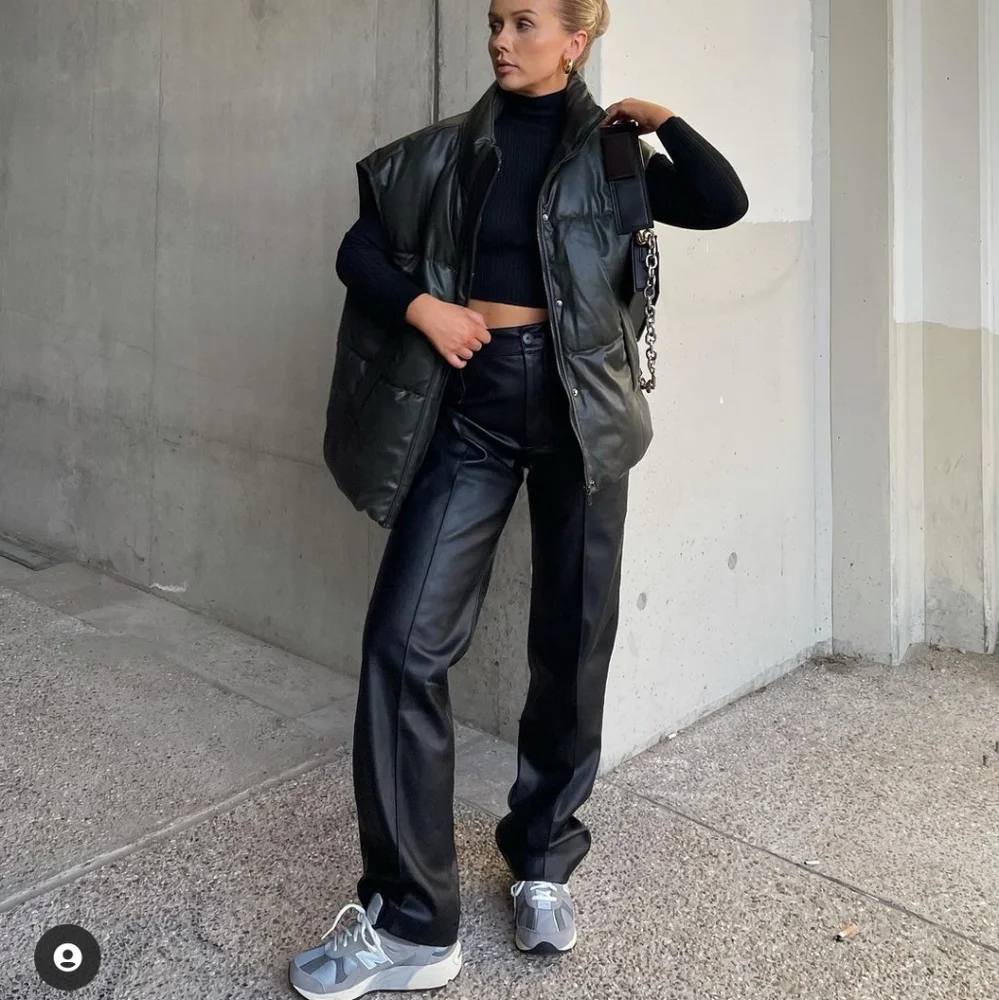 Zara * Faux Leather Straight Wide Pants Black Size S